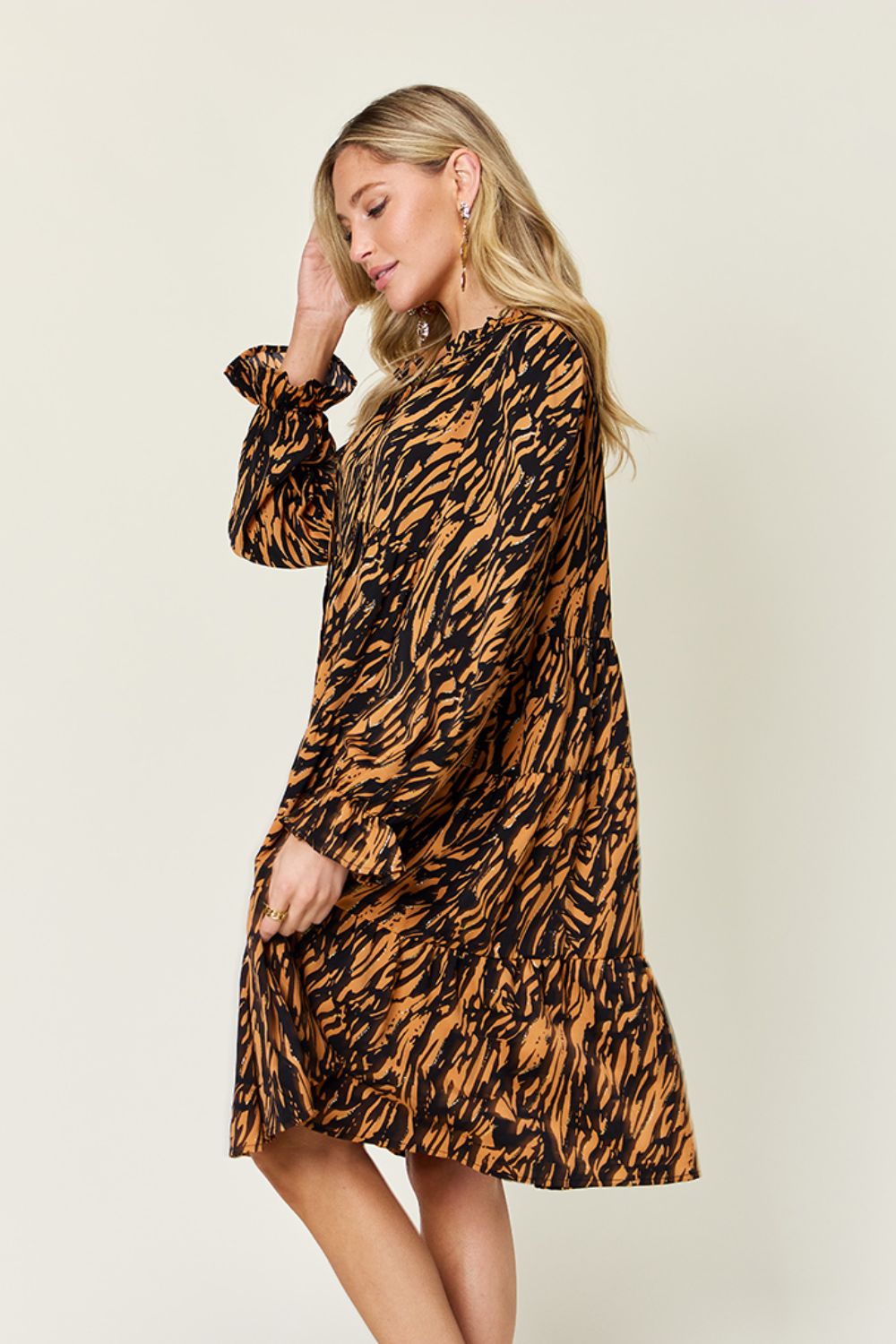 Double Take Full Size Printed Ruffle Hem Long Sleeve Dress - Concordia Style Boutique