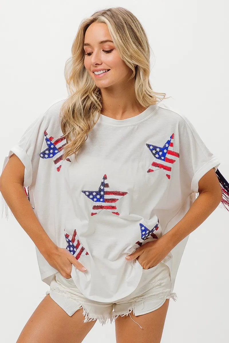BiBi American Flag Sequin Star Fringe Top