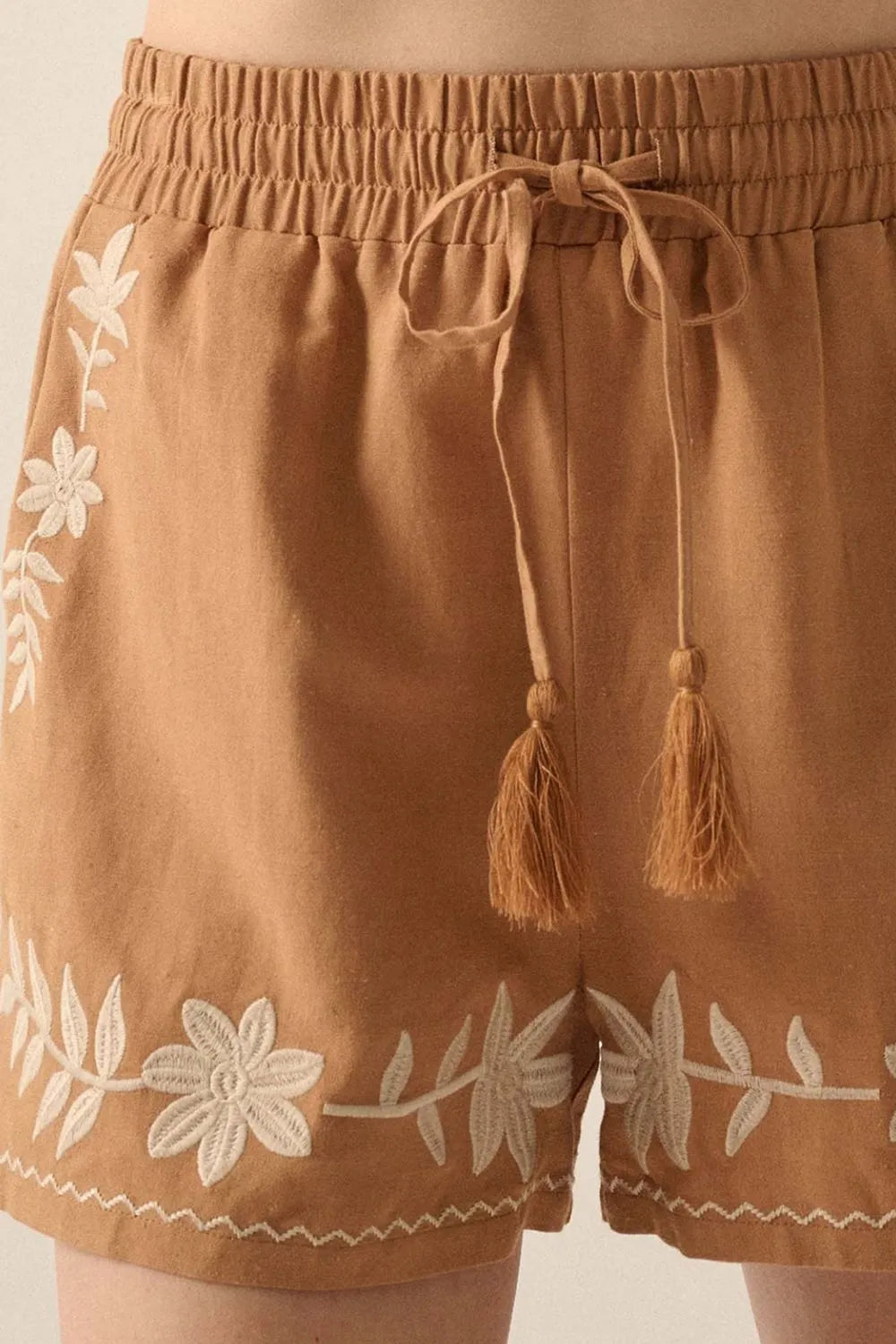 Embroidered Boho Tasseled Drawstring Elastic Waist Casual Shorts - Concordia Style Boutique