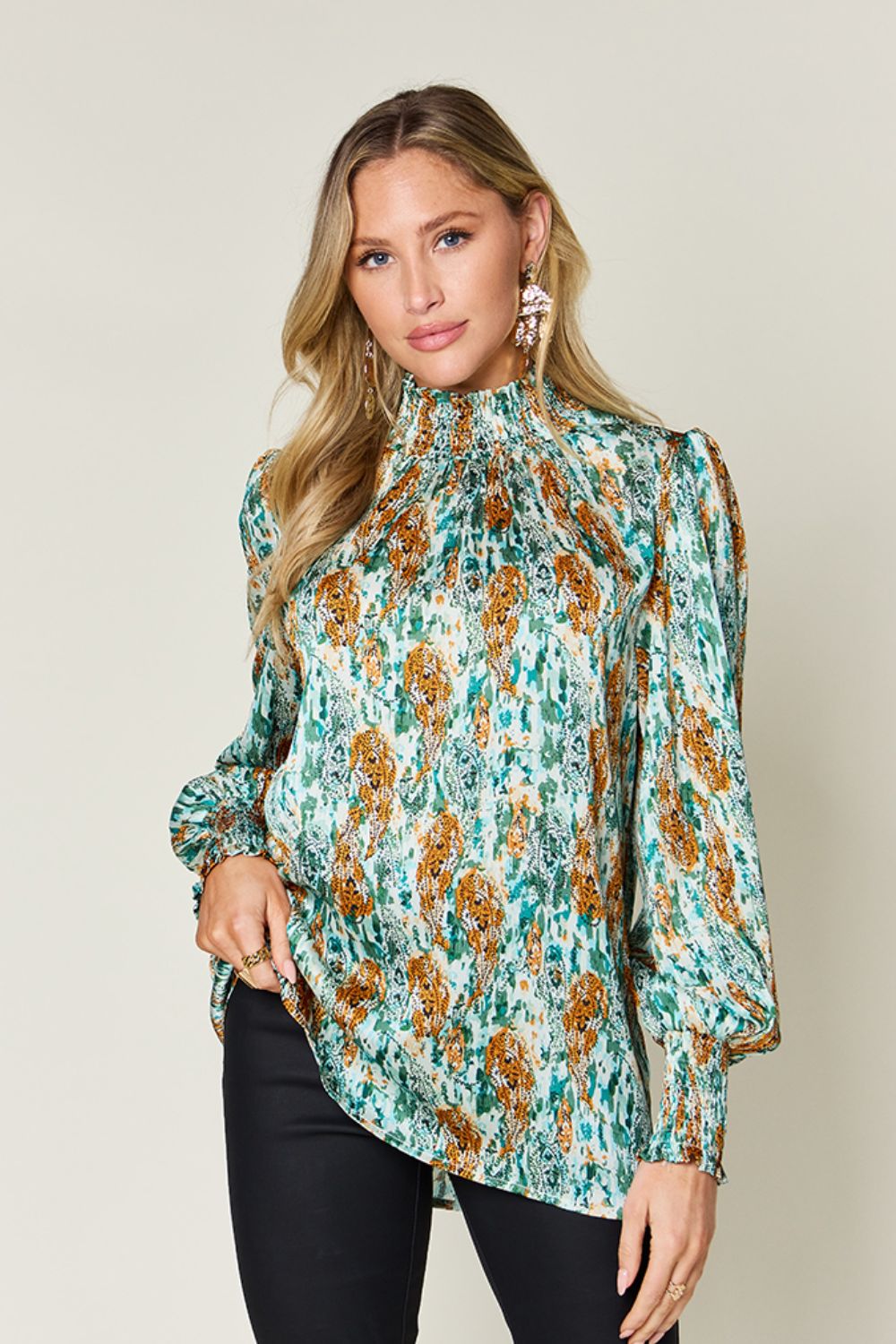 Double Take Full Size Printed Smocked Long Sleeve Blouse - Concordia Style Boutique