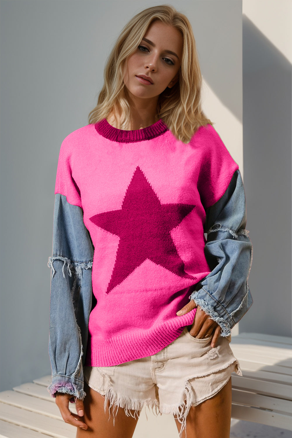 Double Take Full Size Star Pattern Raw Edge Long Sleeve Sweater - Concordia Style Boutique