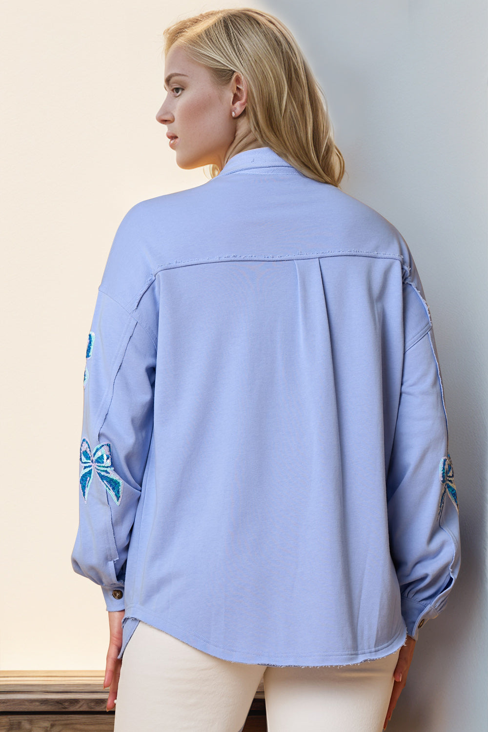 Double Take Full Size Sequin Bow Button Up Shacket - Concordia Style Boutique