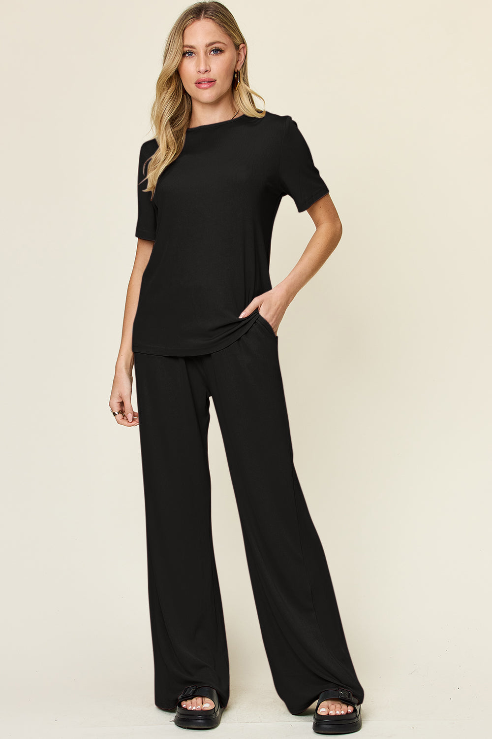 Double Take Full Size Round Neck Short Sleeve T-Shirt and Wide Leg Pants Set - Concordia Style Boutique