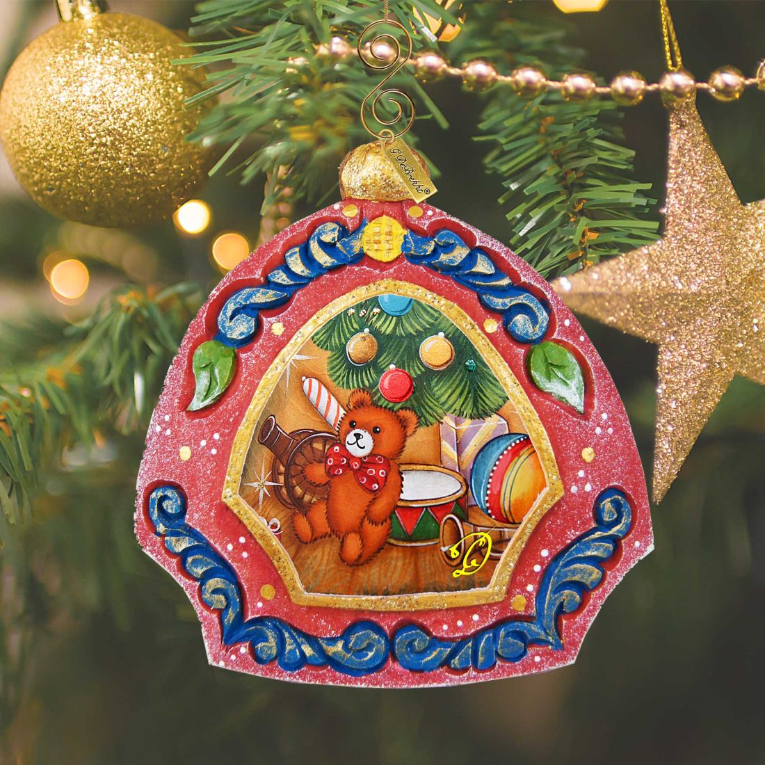Teddy Bear Medallion Sculpted Hand-Painted Christmas Ornament by G. DeBrekht - Christmas Decor - 6102842