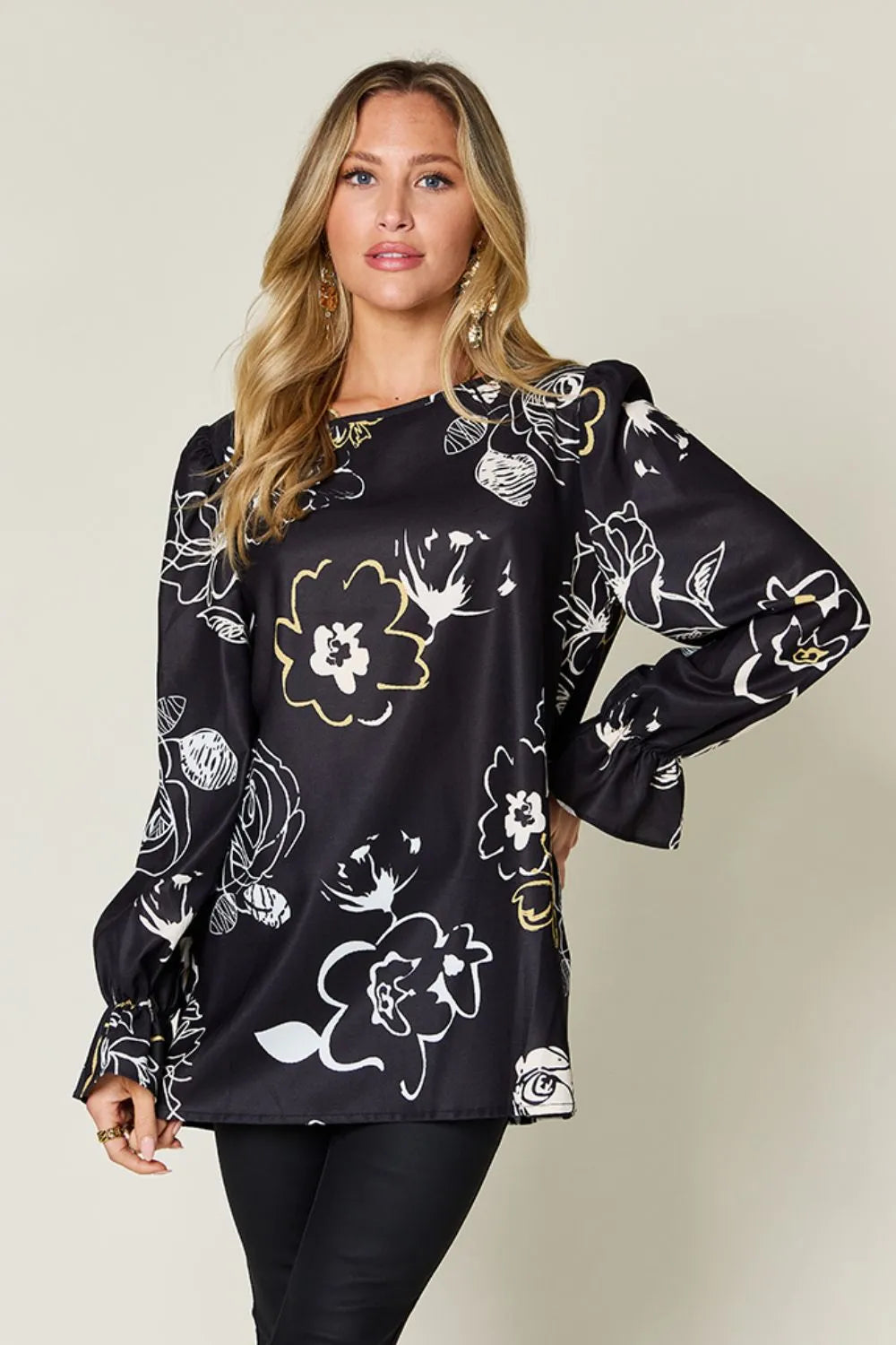 Double Take Full Size Printed Flounce Sleeve Blouse - Concordia Style Boutique