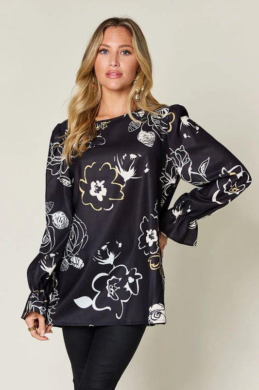 Double Take Full Size Printed Flounce Sleeve Blouse - Concordia Style Boutique