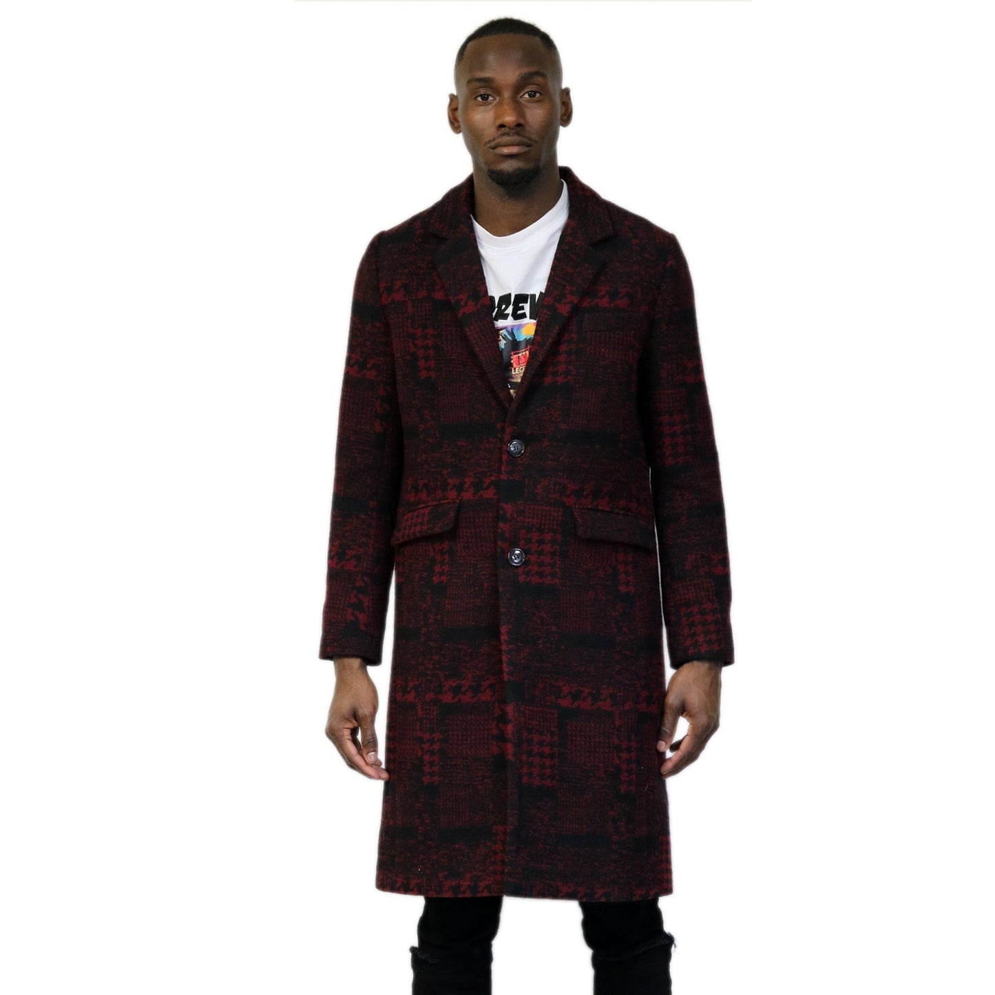 Kearny black and burgundy houndstooth pattern Wool Coat Jacket - Concordia Style Boutique