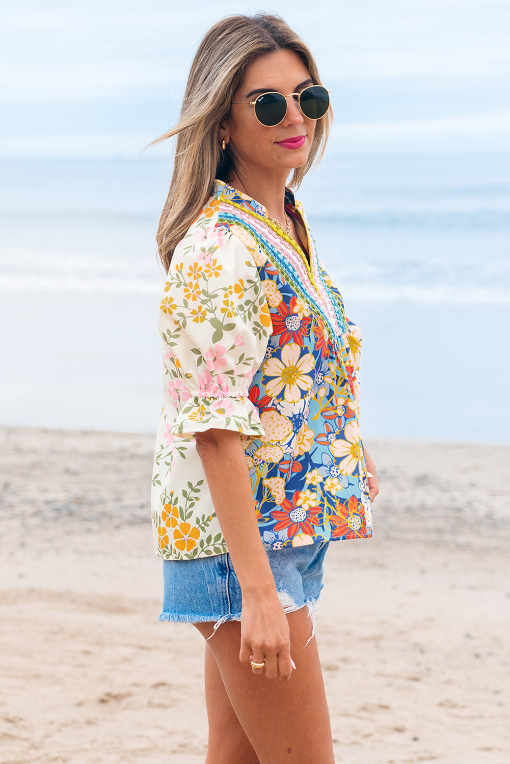 Luxury Multicolour Crochet V Neck Half Sleeve Boho Floral Blouse - Concordia Style Boutique
