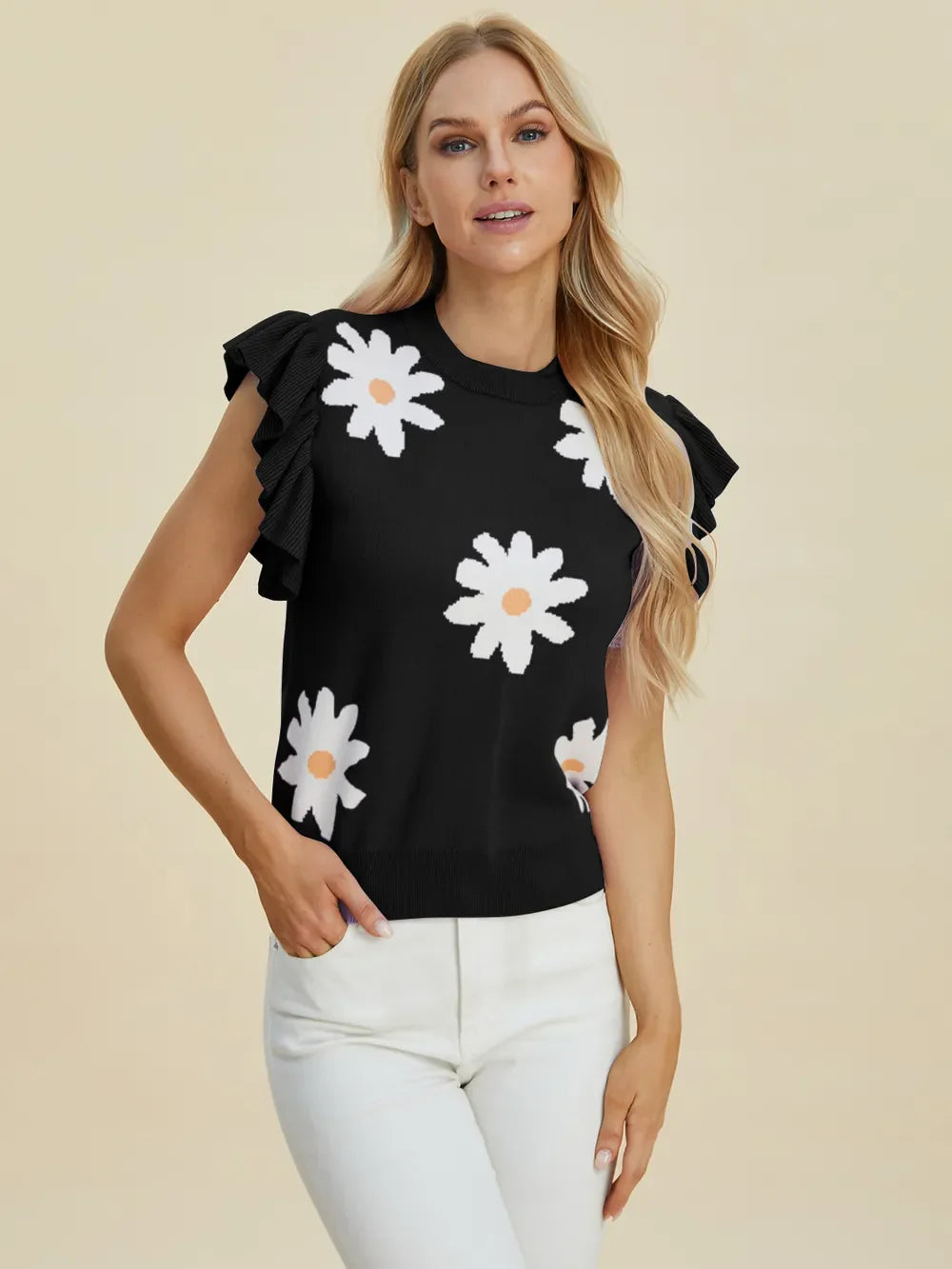 Double Take Full Size Ruffled Flower Round Neck Cap Sleeve Sweater - Concordia Style Boutique