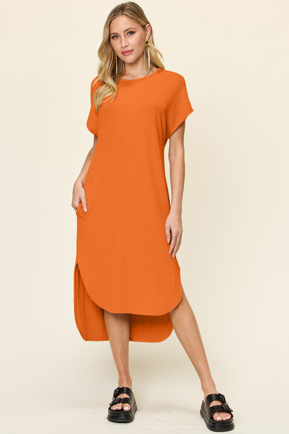 Double Take Full Size Round Neck Short Sleeve Slit Dress - Concordia Style Boutique