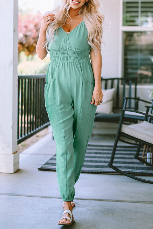 Analia Shirred High Waist Sleeveless V Neck Jumpsuit - Concordia Style Boutique