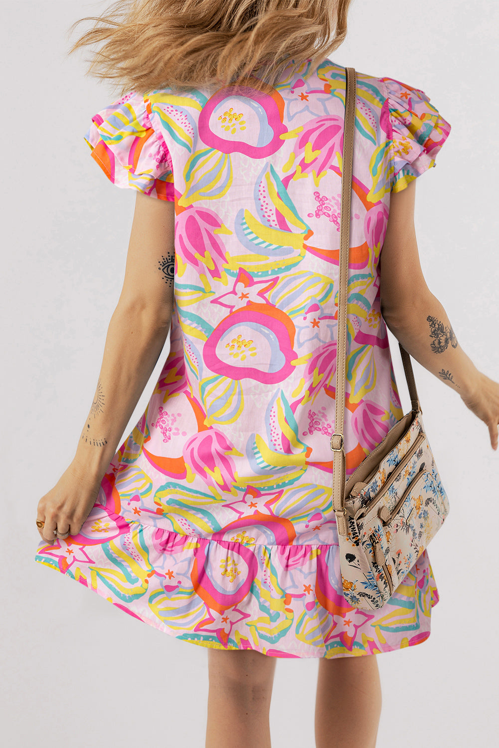 Luxury Abstract Floral Ruffle Trim Flutter Sleeve Buttoned Dress - Concordia Style Boutique