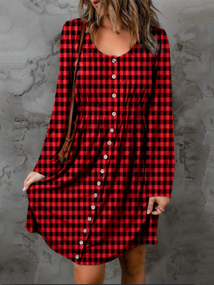 Double Take Full Size Plaid Round Neck Long Sleeve Magic Dress - Concordia Style Boutique