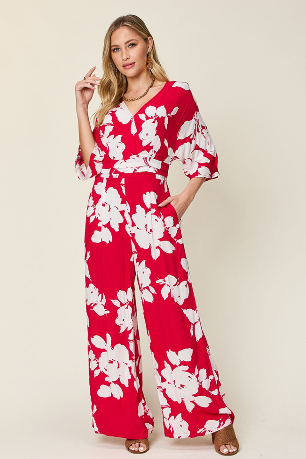 Double Take Full Size Printed Tie Back Wide Leg Jumpsuit - Concordia Style Boutique