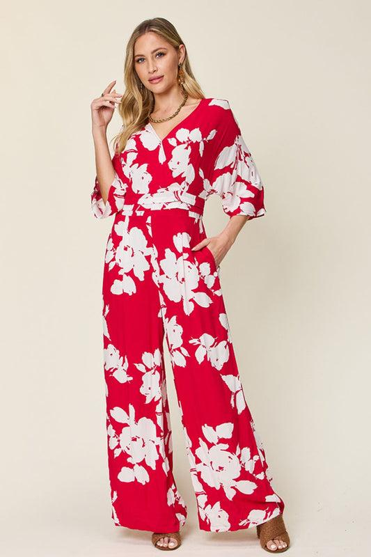 Double Take Full Size Printed Tie Back Wide Leg Jumpsuit - Concordia Style Boutique