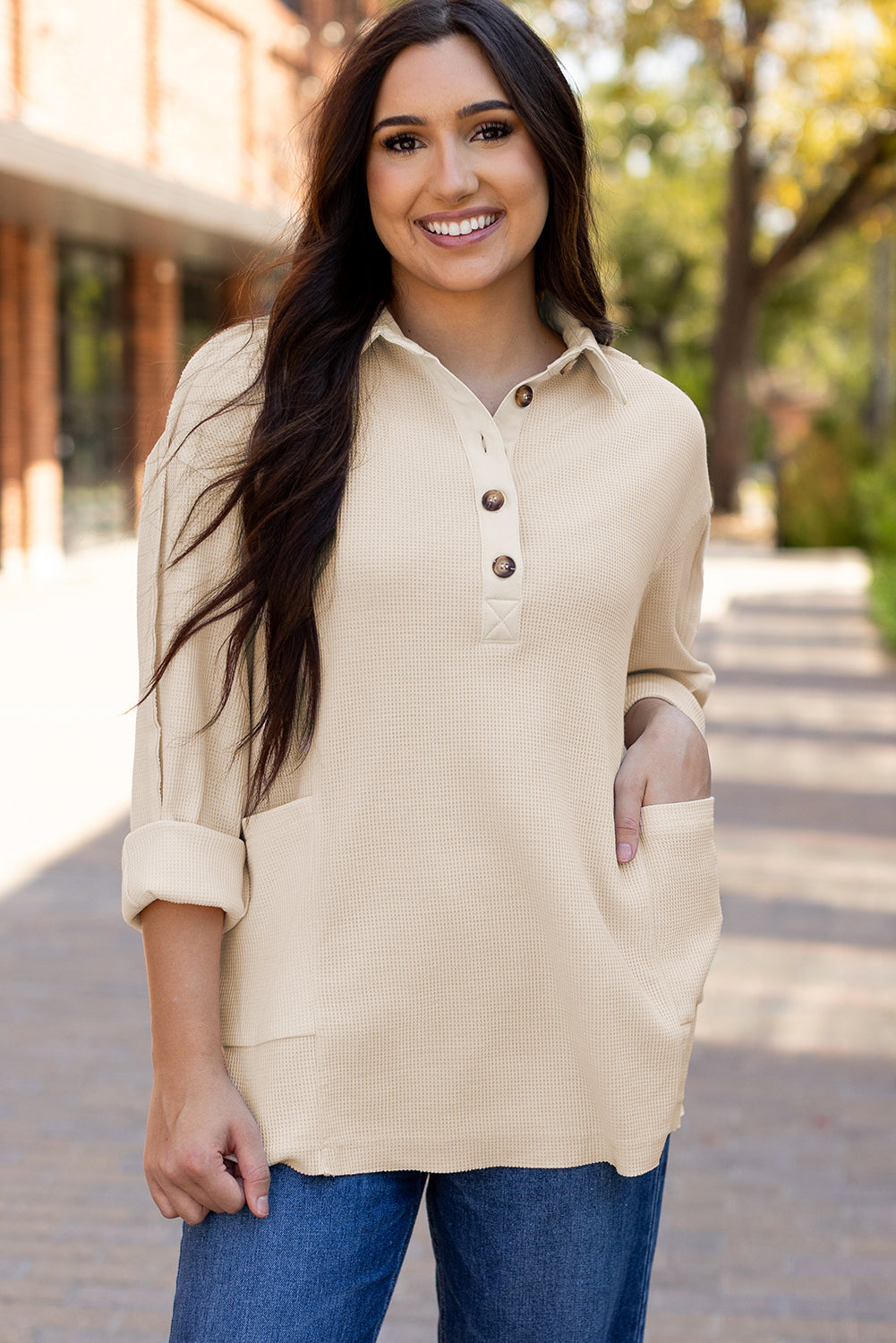 Arianna Waffle Half Button Top - Concordia Style Boutique