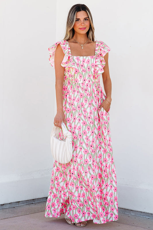 Luxury Floral Print Square Neck Ruffled Strap Maxi Dress - Concordia Style Boutique