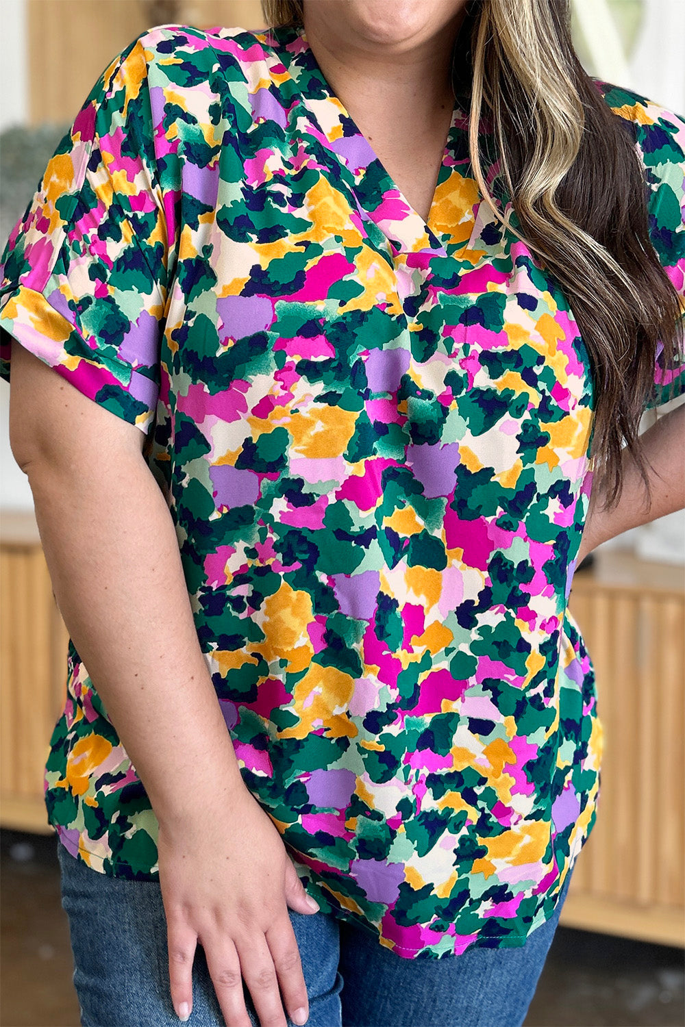 Double Take Full Size Printed V-Neck Short Sleeve Blouse - Concordia Style Boutique