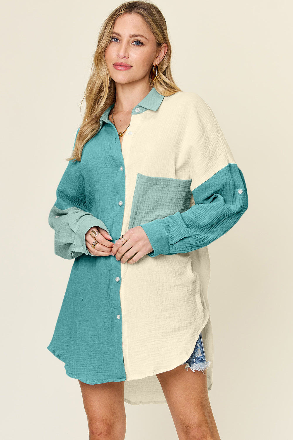 Double Take Full Size Pocketed Texture Button Up Shirt - Concordia Style Boutique