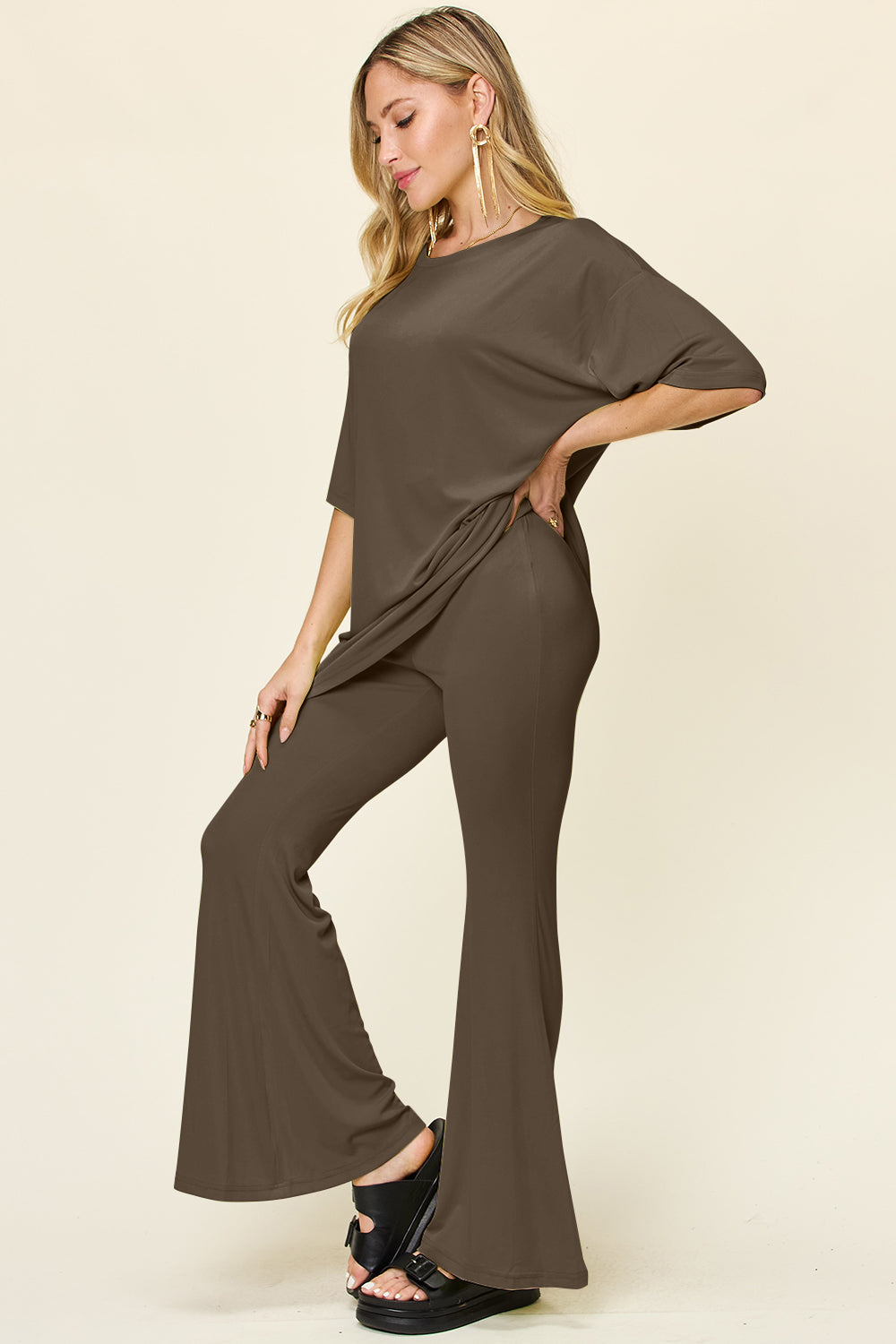 Double Take Full Size Round Neck Drop Shoulder T-Shirt and Flare Pants Set - Concordia Style Boutique