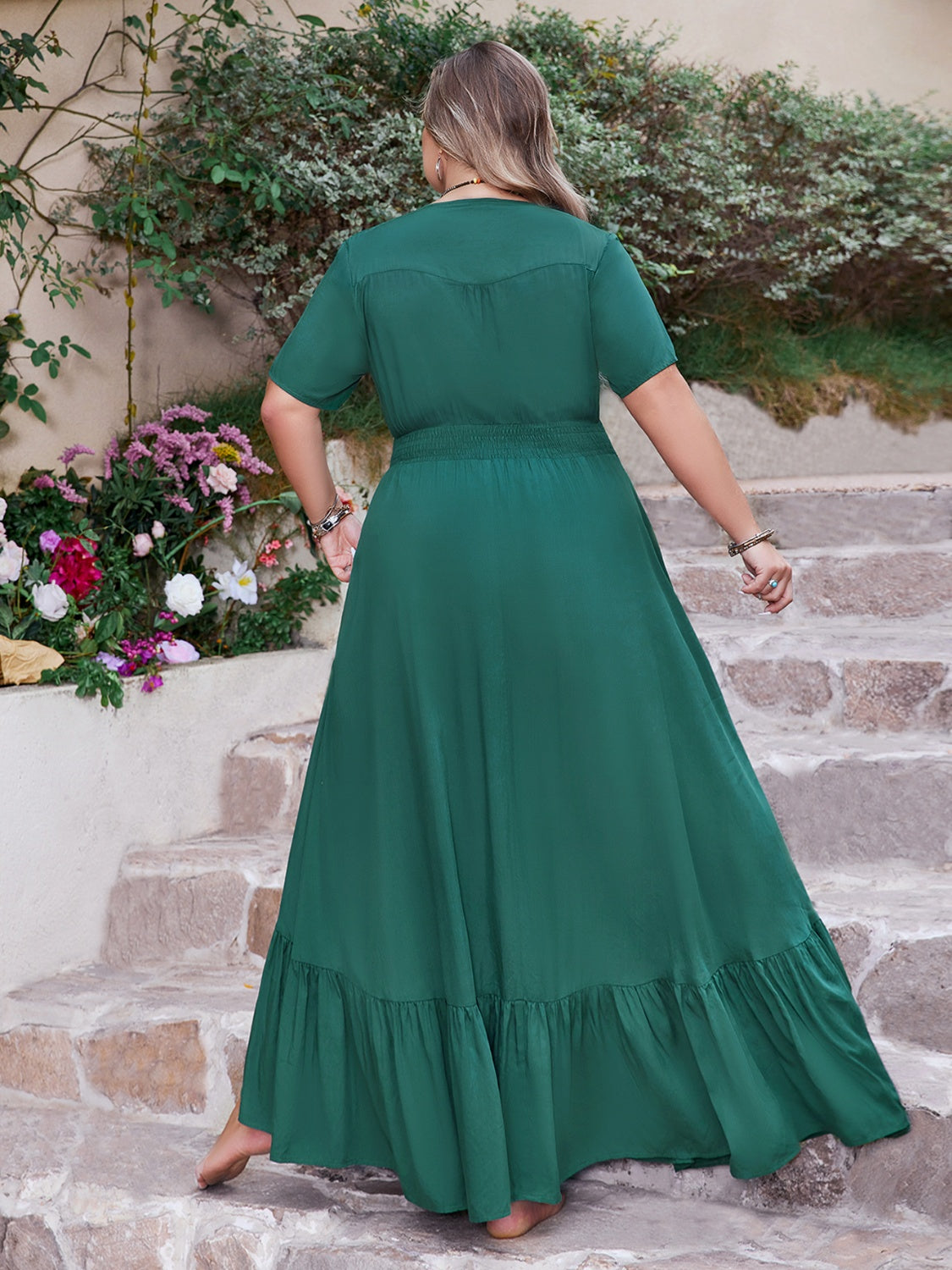 Button Detail V-Neck Short Sleeve Maxi Dress - Concordia Style Boutique
