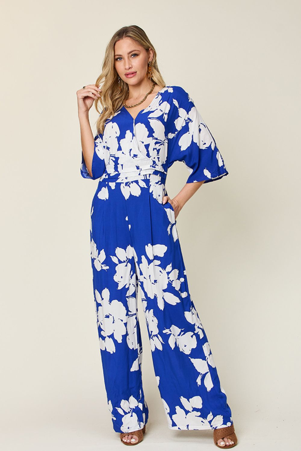 Double Take Full Size Printed Tie Back Wide Leg Jumpsuit - Concordia Style Boutique