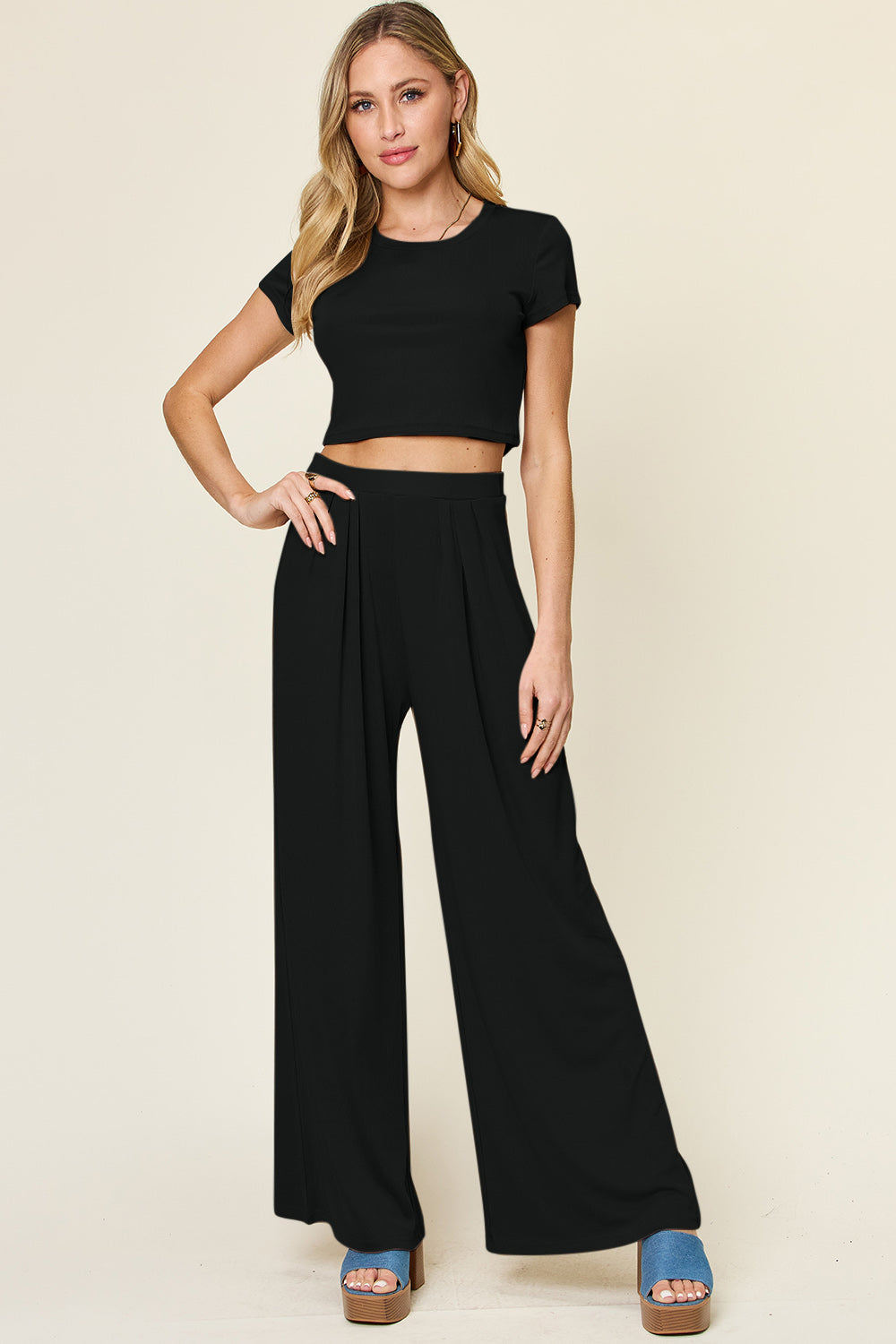 Double Take Full Size Round Neck Top and Pants Set - Concordia Style Boutique