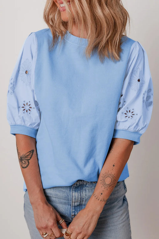 Eyelet Flower Embroidered Puff Short Sleeve Patchwork Crew Neck Blouse - Concordia Style Boutique