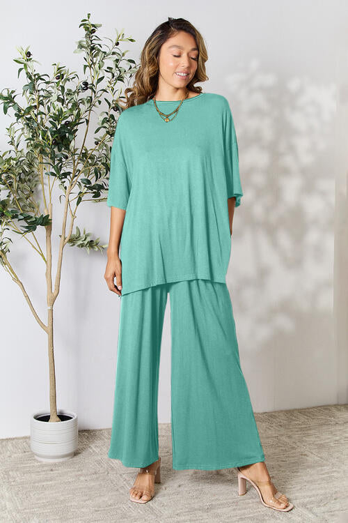 Double Take Full Size Round Neck Slit Top and Pants Set - Concordia Style Boutique