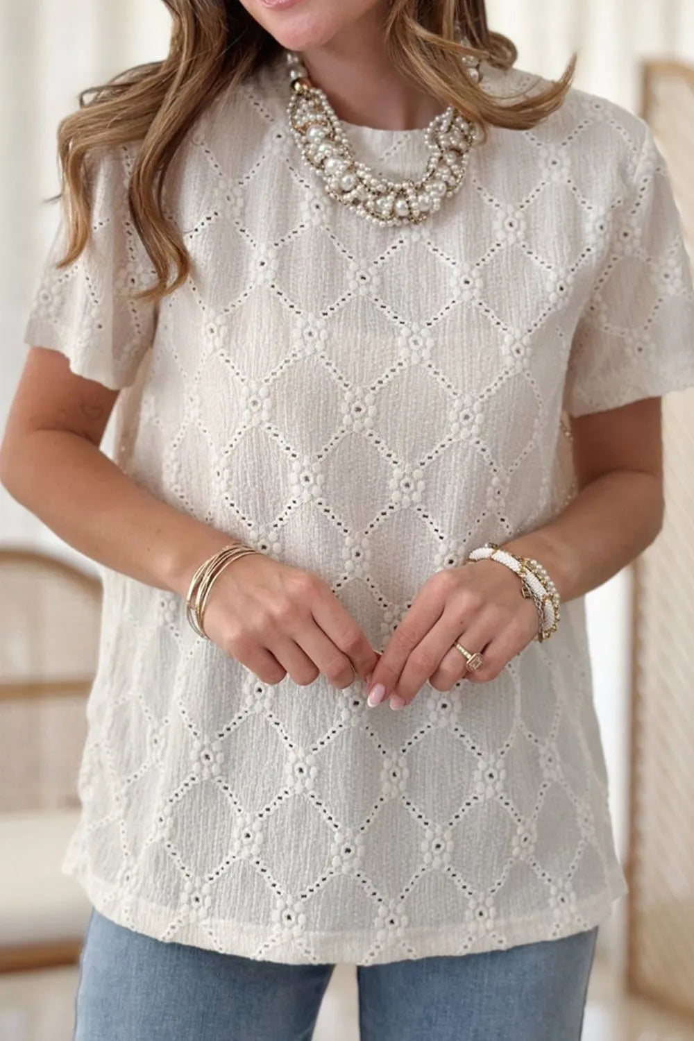 Eyelet Round Neck Short Sleeve Blouse - Concordia Style Boutique