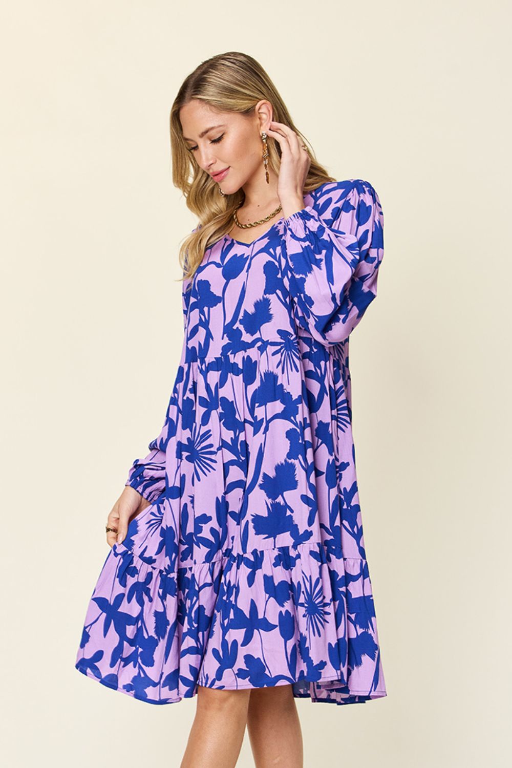 Double Take Full Size Printed Ruffle Hem Long Sleeve Dress - Concordia Style Boutique