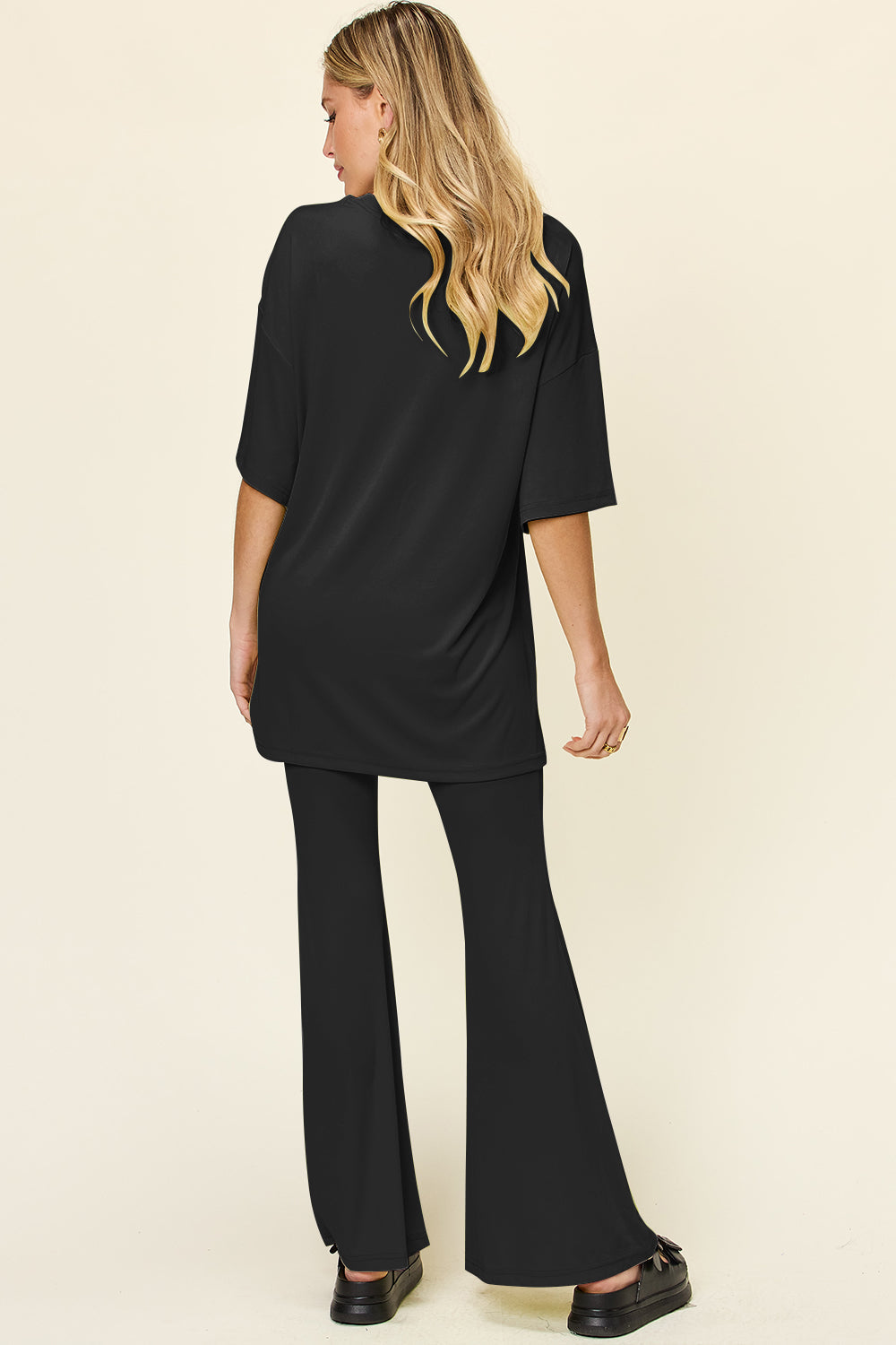 Double Take Full Size Round Neck Drop Shoulder T-Shirt and Flare Pants Set - Concordia Style Boutique