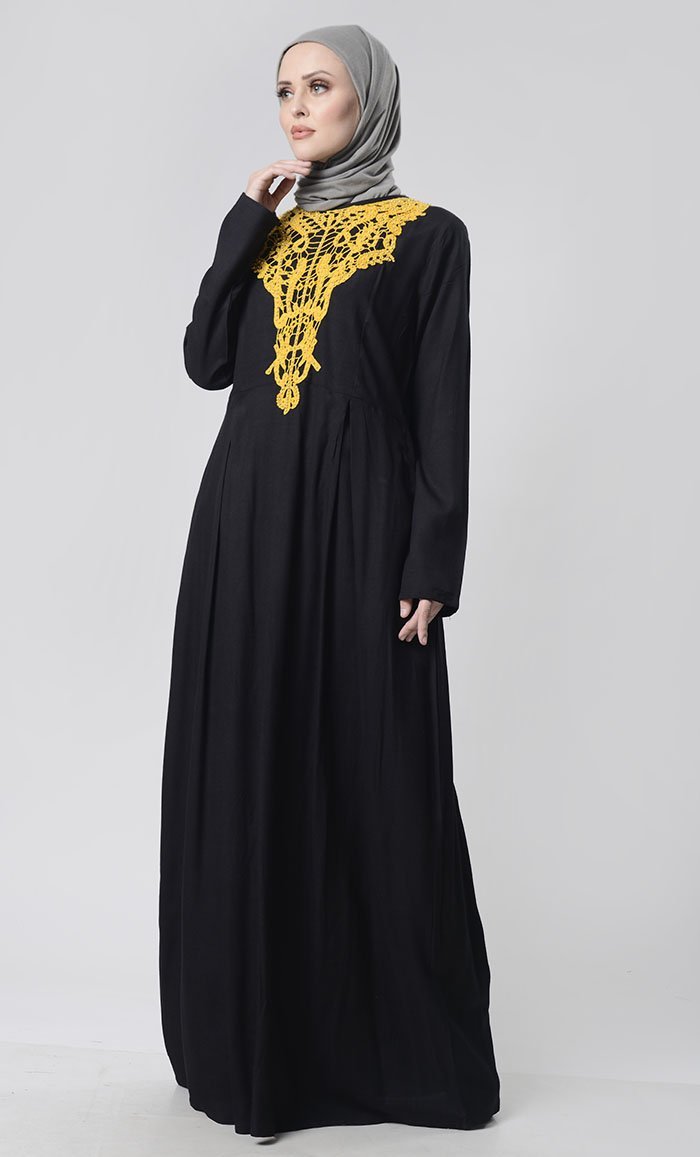 Beautiful Hand Work Neck Patch Abaya With Pockets