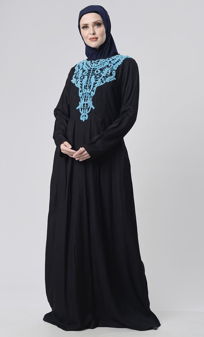 Beautiful Hand Work Neck Patch Abaya With Pockets