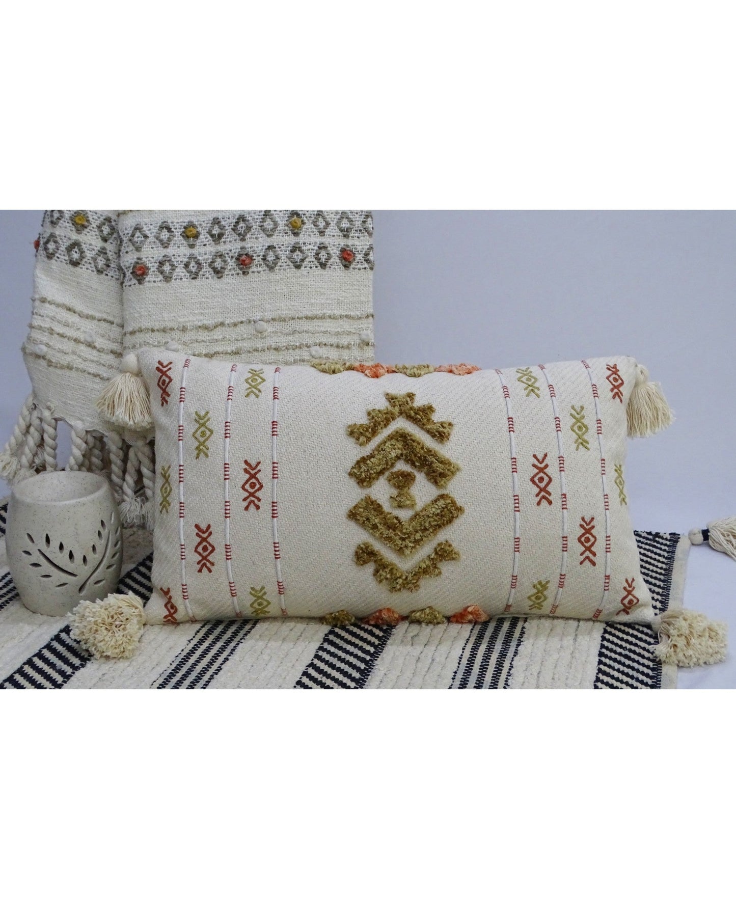 Embroidery Throw Pillow with Tassels 14" X 24"