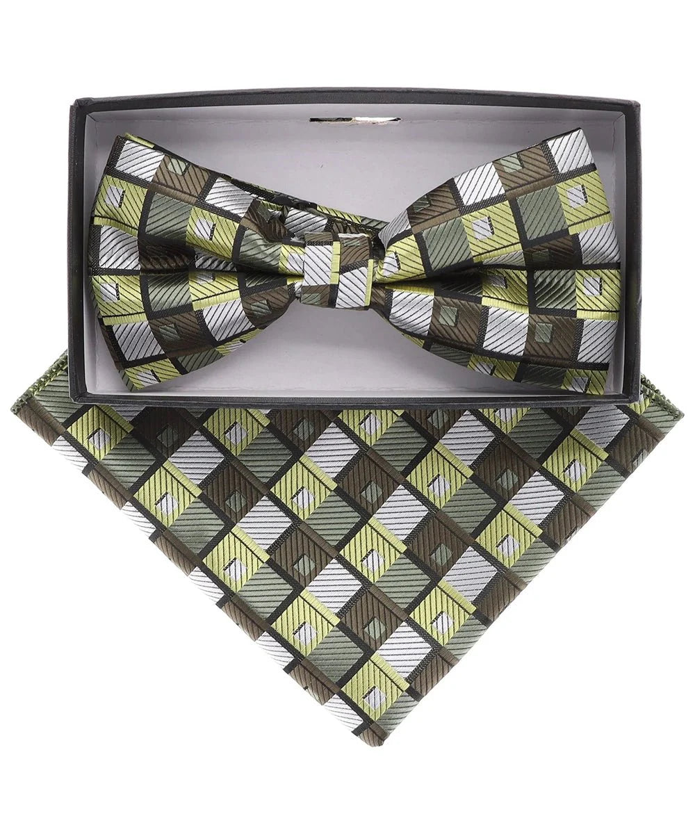 Vittorio Farina Men's Geometric Design Satin Bow Tie & Pocket Square in Gift Box