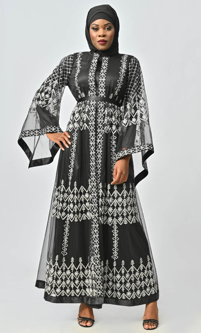 Black sequined Embellished shrug and satin Abaya Dress