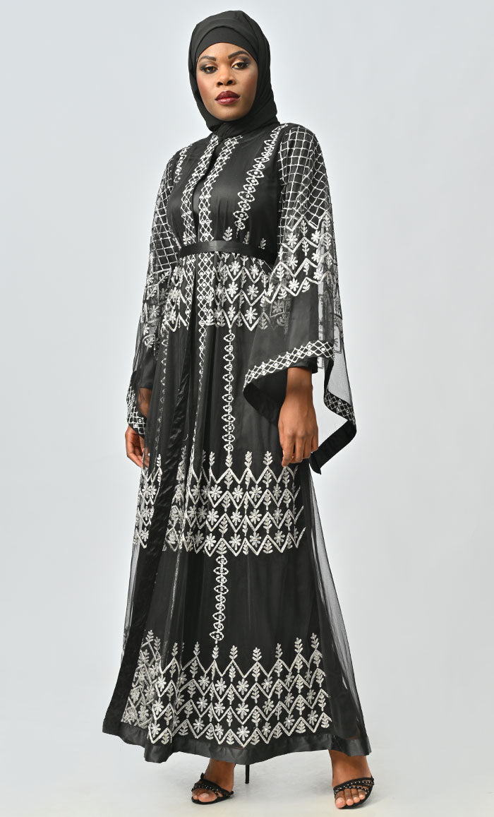Black sequined Embellished shrug and satin Abaya Dress