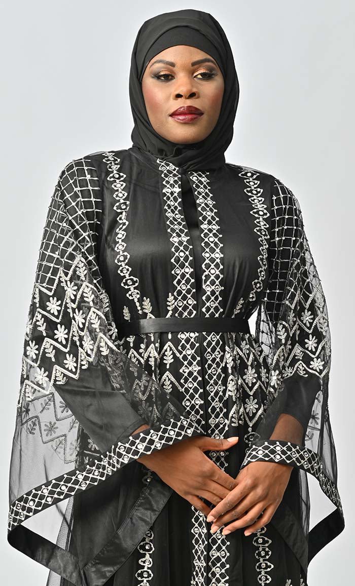 Black sequined Embellished shrug and satin Abaya Dress