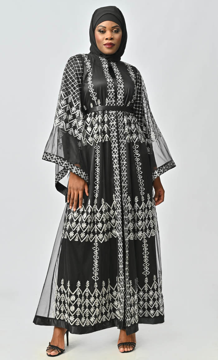 Black sequined Embellished shrug and satin Abaya Dress