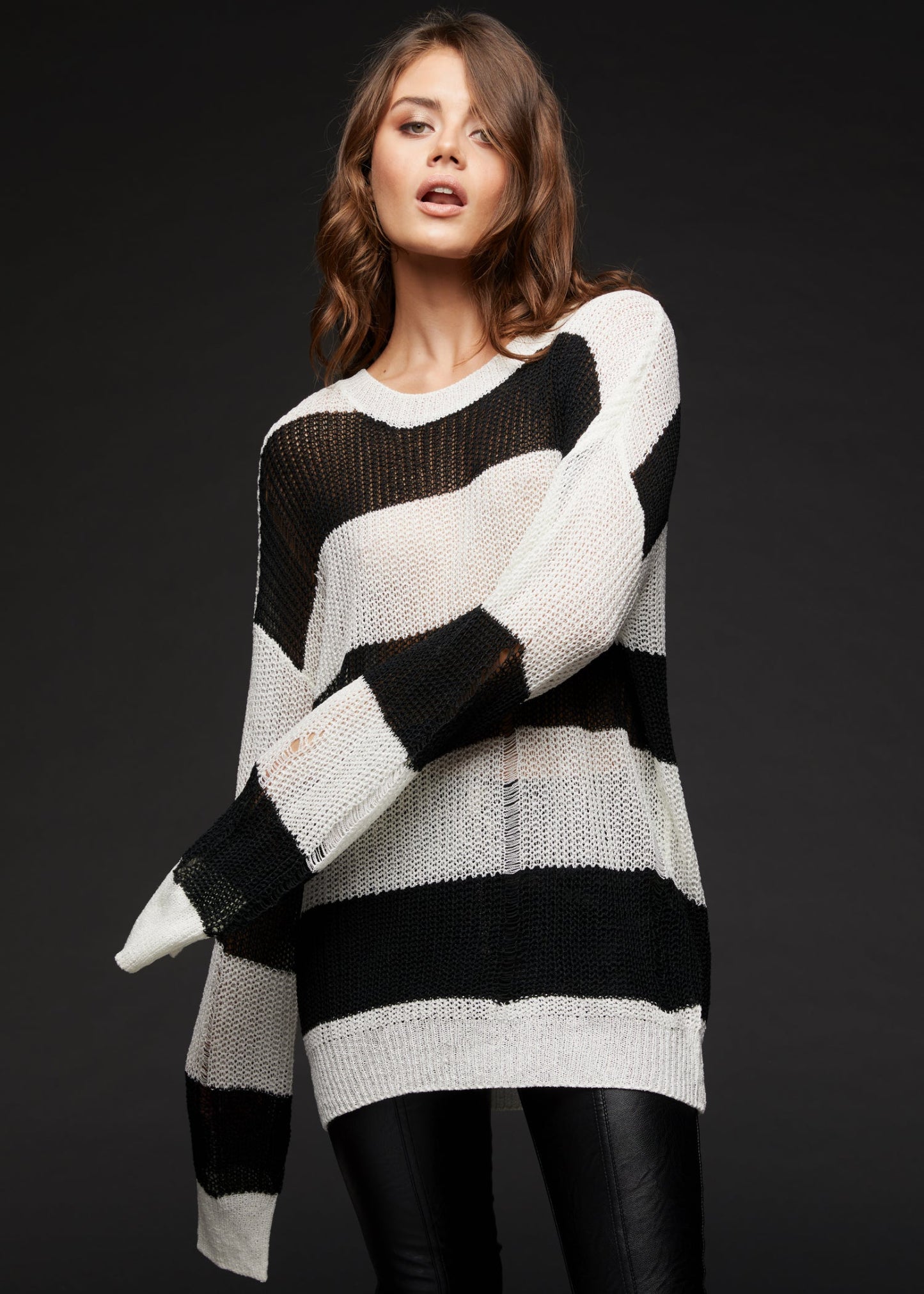 Line Up Black and White Striped Distressed Knit Sweater - Concordia Style Boutique