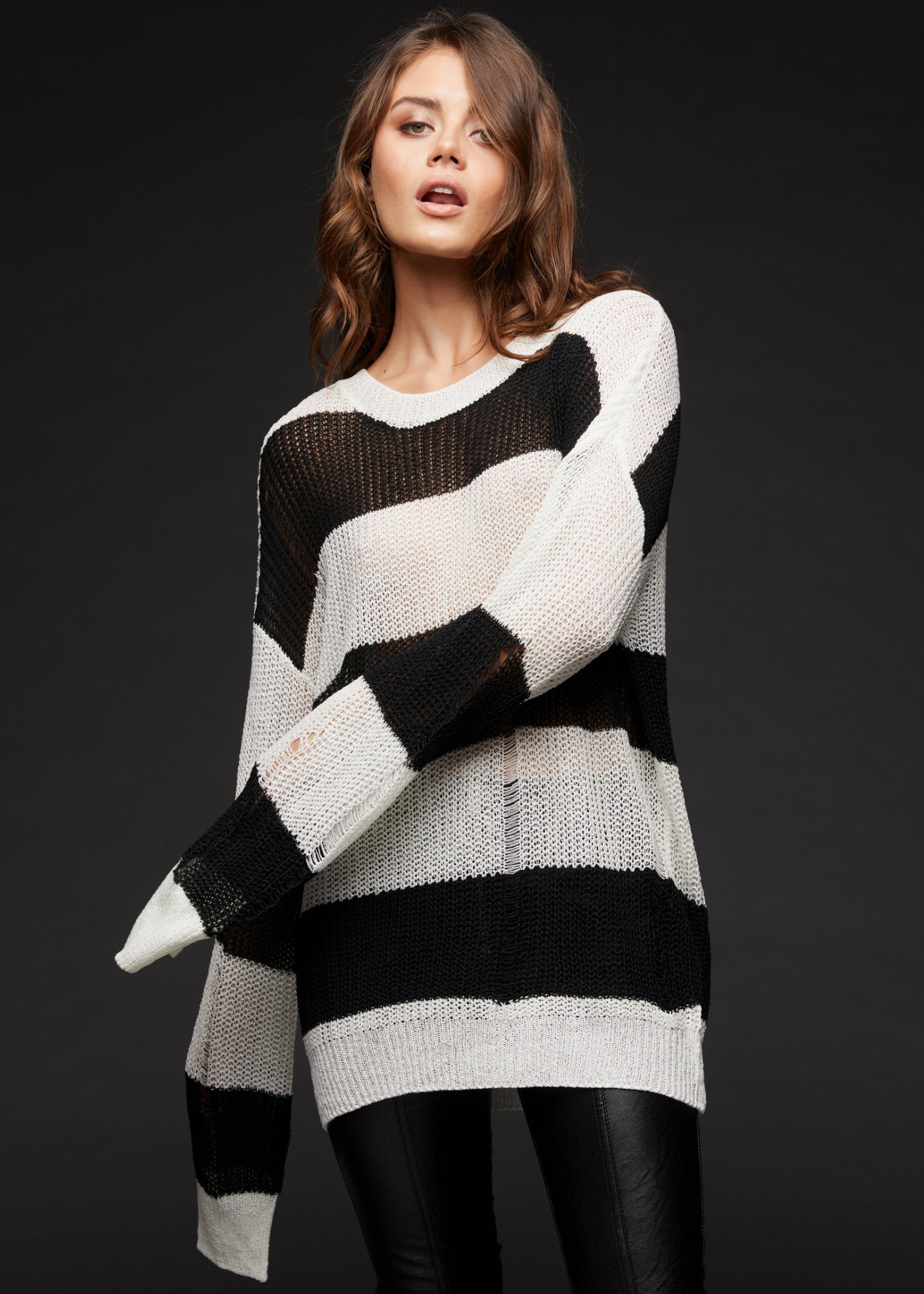 Line Up Black and White Striped Distressed Knit Sweater - Concordia Style Boutique