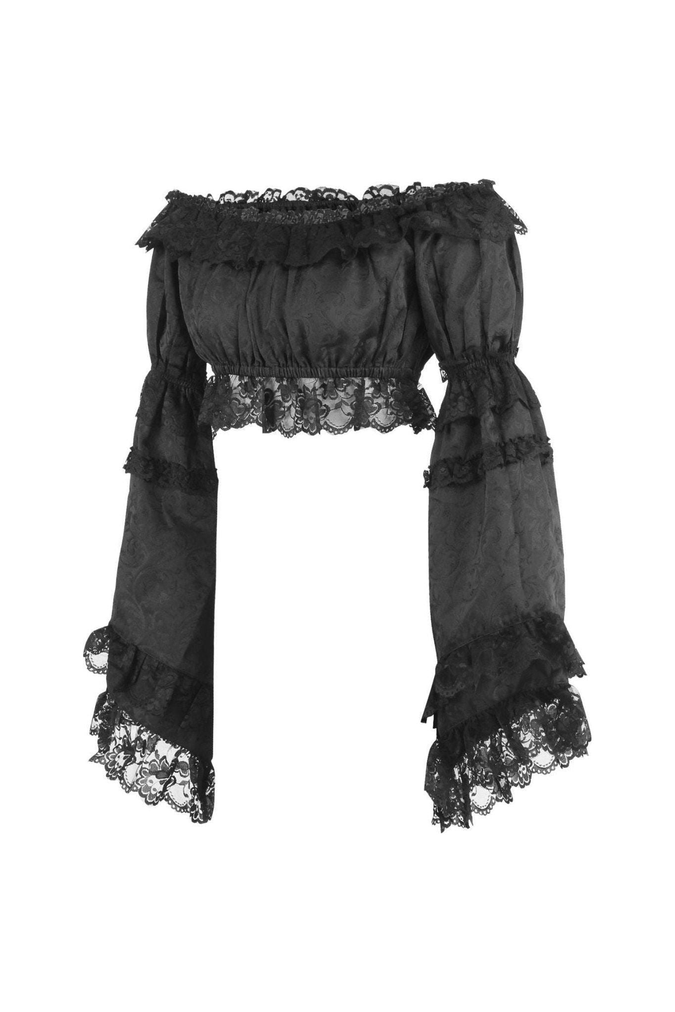 Black Brocade Smocked Flare Sleeve Peasant Top