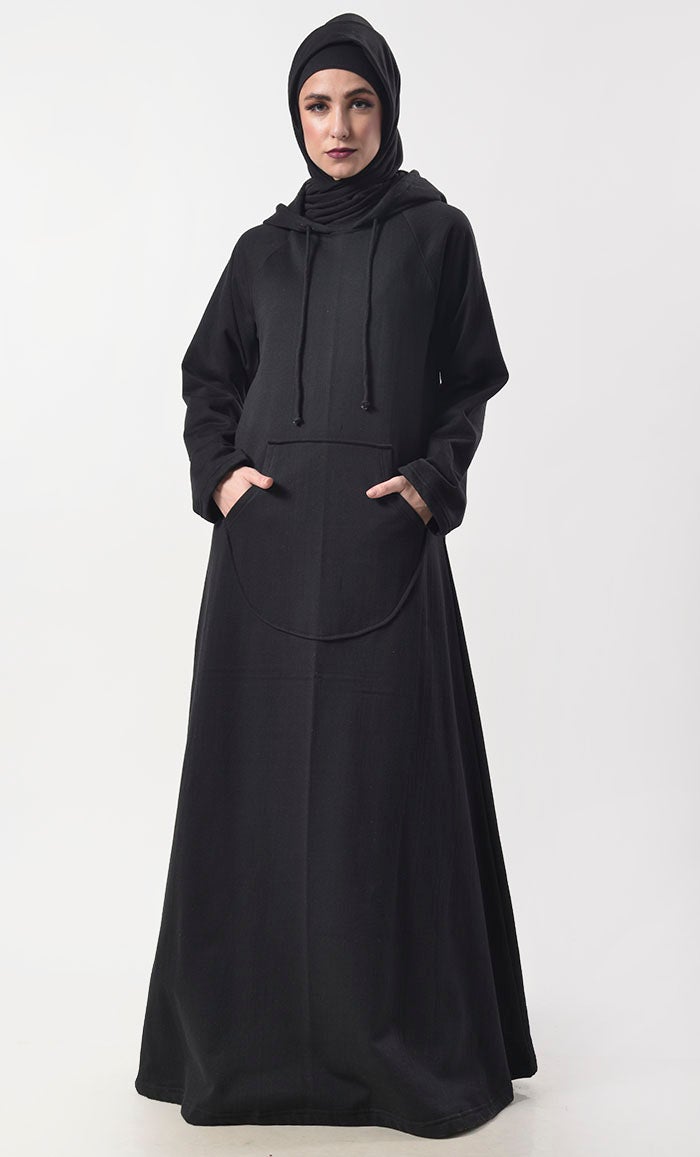 Black Fleece Warm Hoody Abaya With Pockets