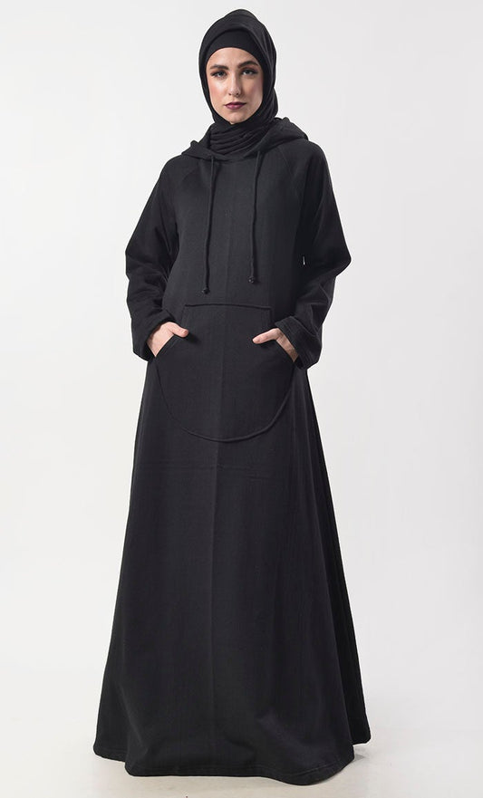 Black Fleece Warm Hoody Abaya With Pockets
