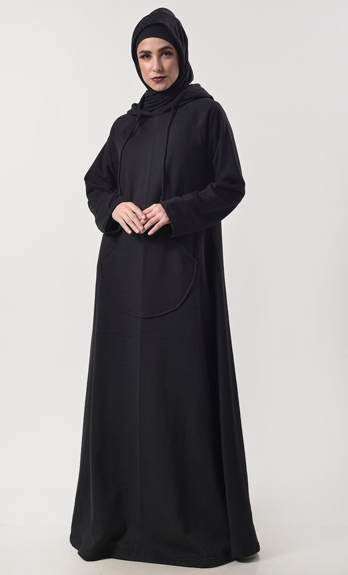 Black Fleece Warm Hoody Abaya With Pockets