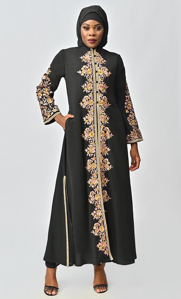 Black Islamic Nida Machine And Hand Embroidered Abaya