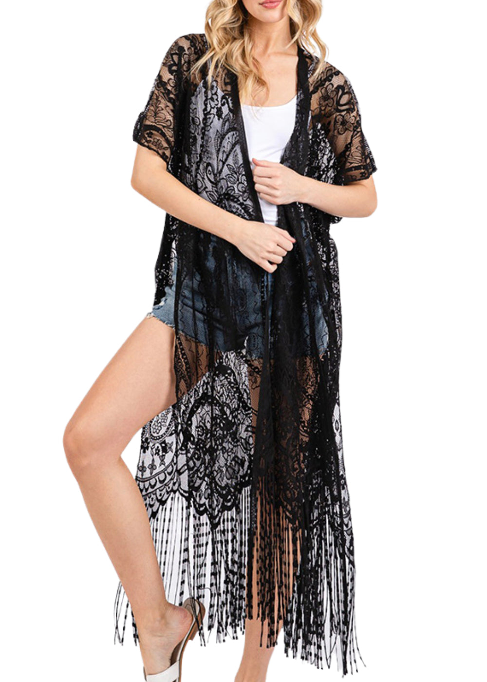 Black Lace Fringe Kimono - Concordia Style Boutique