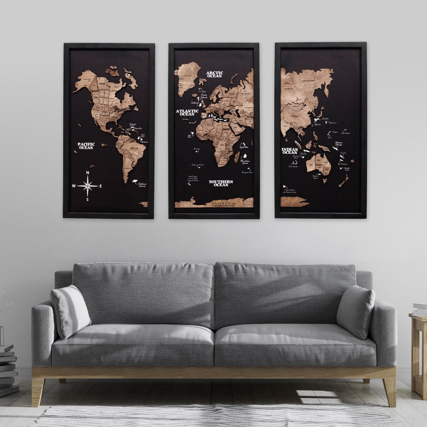 Triptych Wooden World Map (Dark Walnut)
