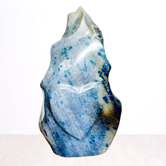Blue Quartzite Freeform Sculpture from Madagascar with Heart and Serpent Carved Motifs – Flow of Earth & Ocean